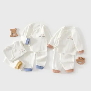Minimalist Newborn Baby Cotton Long Sleeve Loungewear Set Boneless Sewing Kimono Style Tie Front Top And Pants