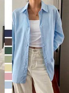 Women 100% Cotton Long Sleeve Shirt Loose Fit Casual Button Down Blouse With Chest Pocket Solid Color Vacation Streetwear