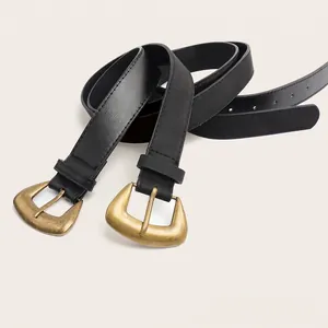Ceintures noires en cuir PU vintage avec boucles décoratives en laiton pour jeans femme.
