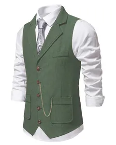 Detailed view of green herringbone tweed vest with notch lapel and chain accessory
