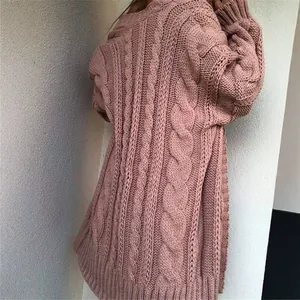 Women's oversized dusty pink cable-knit cardigan with chunky weave pattern back view