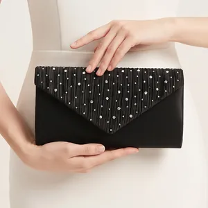Elegant Pleated Satin Evening Clutch Bag With Rhinestone Envelope Flap Chain Strap For Women Wedding Party Prom Night