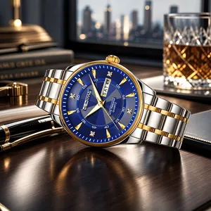 Close-up view of a luxury men's quartz watch with blue sunray dial and diamond markers