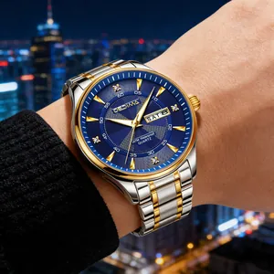 Close-up of BESTIMA men's blue dial quartz watch with dual calendar and steel band