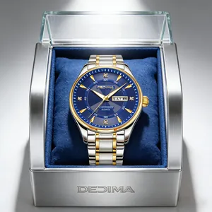 Detailed close-up view of a luxury men's two-tone steel watch with blue dial in display box