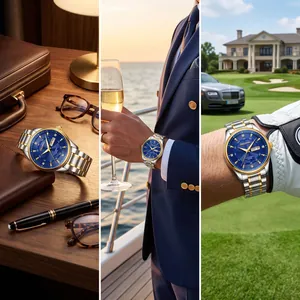 Luxury men's stainless steel watch with blue dial and day-date display in lifestyle scenes