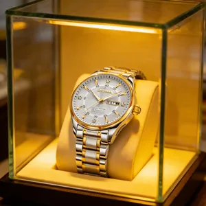 Close-up of luxury two-tone stainless steel men's watch in a lighted display case