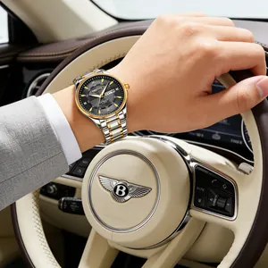 Close-up of luxury men's steel watch with diamond dial and date display