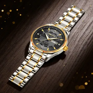 Detailed close-up of luxury two-tone men's quartz watch with a black day-date dial