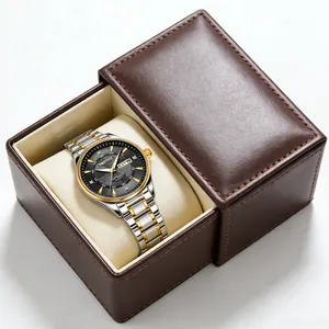 Detail shot of men's steel waterproof watch with dual calendar in a leather box