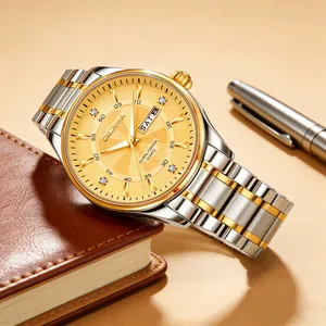 Close-up detail of men's steel band watch featuring gold dial and sparkling diamond markers
