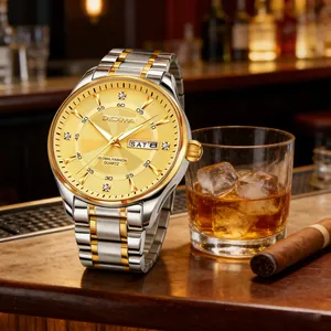 Luxury men's dual-tone watch with gold dial and day-date display on a bar counter.