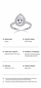 Detailed product specifications of 925 sterling silver pear-cut moissanite halo ring