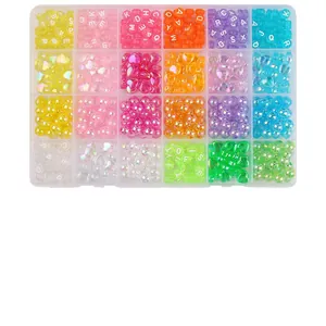 24-grid set of iridescent heart and alphabet acrylic beads for DIY jewelry making.