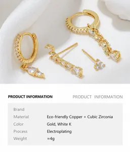 Detailed view of the gold-tone earring set featuring pear-cut cubic zirconia and hoop drops