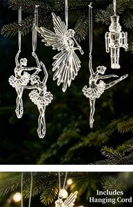 Detailed view of clear acrylic ballerina and angel Christmas tree ornaments
