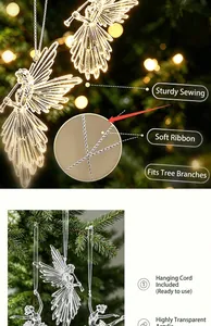 Detailed view of clear acrylic angel Christmas tree ornaments with hanging loops