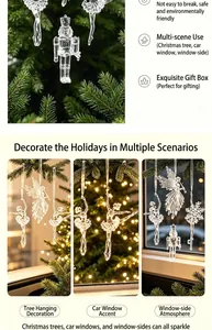 Clear acrylic Christmas ornaments set with nutcracker, ballerina and snowflake angel motifs.