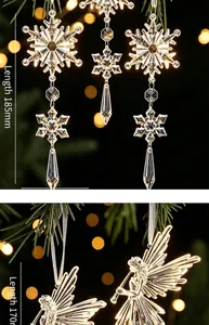Detail view of crystal-like acrylic snowflake and angel Christmas ornaments