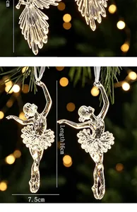 Detailed macro view of clear acrylic ballerina Christmas tree ornaments with dimensions