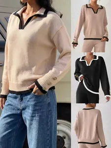 Women's Casual Polyester Pullover Sweater Contrast Color Lapel Collar Long Sleeve Top With Gold Button Decoration