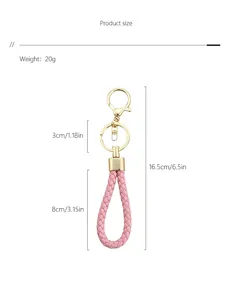 Detailed dimensions of handmade pink braided leather keychain with gold lobster clasp