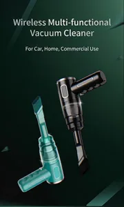 Detailed macro view showing the design of black and teal portable wireless handheld vacuum cleaners