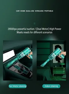 Portable wireless vacuum cleaner shown in car interior and home bedroom cleaning scenarios