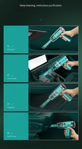 Detail views showing portable wireless vacuum cleaner cleaning car door handle and console