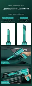 Detail view of teal car vacuum cleaner showing extended flat and brush nozzle heads