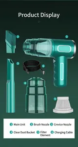 Handheld vacuum cleaner components including brush, flat nozzle, filter and USB cable.
