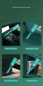 Portable teal handheld cordless vacuum cleaner for car, sofa, keyboard, and bookshelf cleaning.