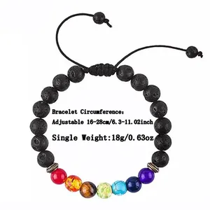 Detail showing 7 chakra stones and black lava beads on adjustable braided bracelet