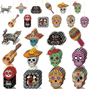 Day of the Dead wooden hanging ornaments with colorful Mexican skull and guitar designs