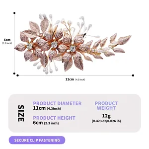 Floral bridal hair clip size chart showing 11cm diameter and 12g lightweight design.