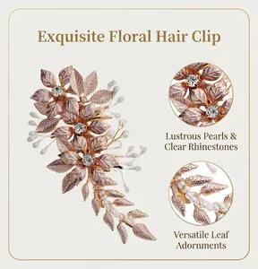 Macro detail of forest-style handmade flower hair clip with elegant pearls and crystals