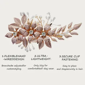 Detailed view of handmade rose gold floral hair clip with weight and feature descriptions
