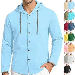 Men's casual long sleeve hooded cotton shirt with buttons and various color options
