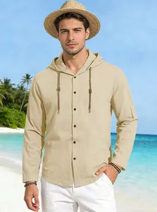 Casual men's hooded cotton shirt in beige color with button-up front and drawstring.