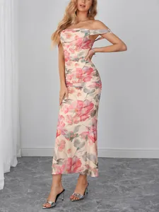 Elegant off-shoulder floral mesh maxi dress with ruched bodycon fit and feminine print