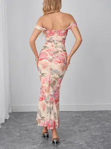 Back view of floral mesh pleated off-the-shoulder maxi dress with elegant bodycon fit