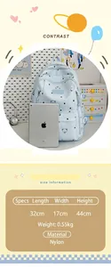 Sac à dos bleu clair à pois avec motifs d'ours et tableau des tailles détaillé