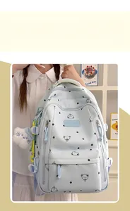 Vue détaillée du sac à dos bleu clair avec motifs d'ours et porte-clés chat blanc