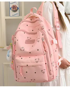Sac à dos rose à pois et motif ours porté par un mannequin dans un cadre décontracté