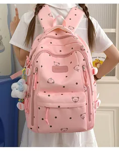 Vue arrière d'un modèle portant un sac à dos rose à pois avec des détails d'ours