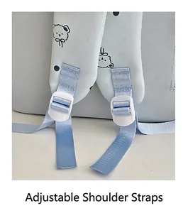 Détail des bretelles de sac à dos réglables bleu clair avec un motif d'ours mignon