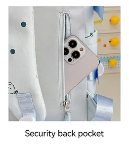 Gros plan sur la poche arrière antivol cachée d'un sac à dos décontracté bleu clair.