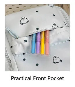 Vue macro détaillée montrant la poche avant pratique d'un sac à dos de voyage à pois