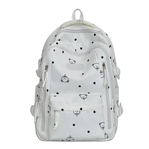Sac à dos blanc décontracté grande capacité avec motifs ours mignons et pois noirs