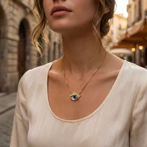 Detailed view of a gold-plated Evil Eye necklace with shimmering zircon accents.